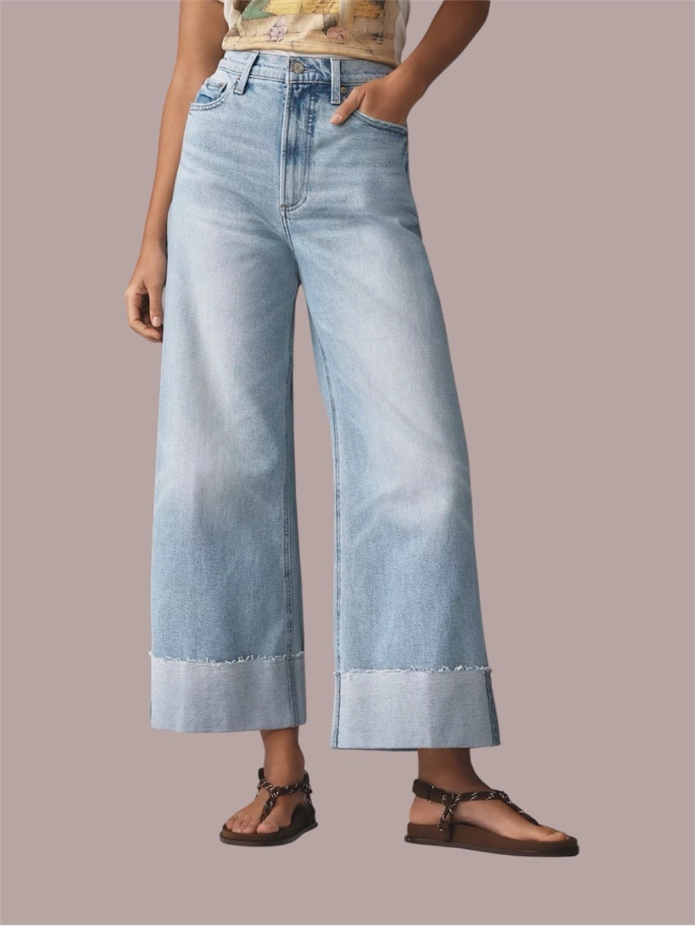 Pistola Lana High Rise Distressed Ultra-Wide-Leg Cuffed Jeans Light wash Sz 32 - Picture 1 of 16